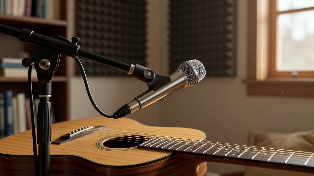 A small-diaphragm condenser microphone positioned at the 12th fret of an acoustic guitar in a home studio