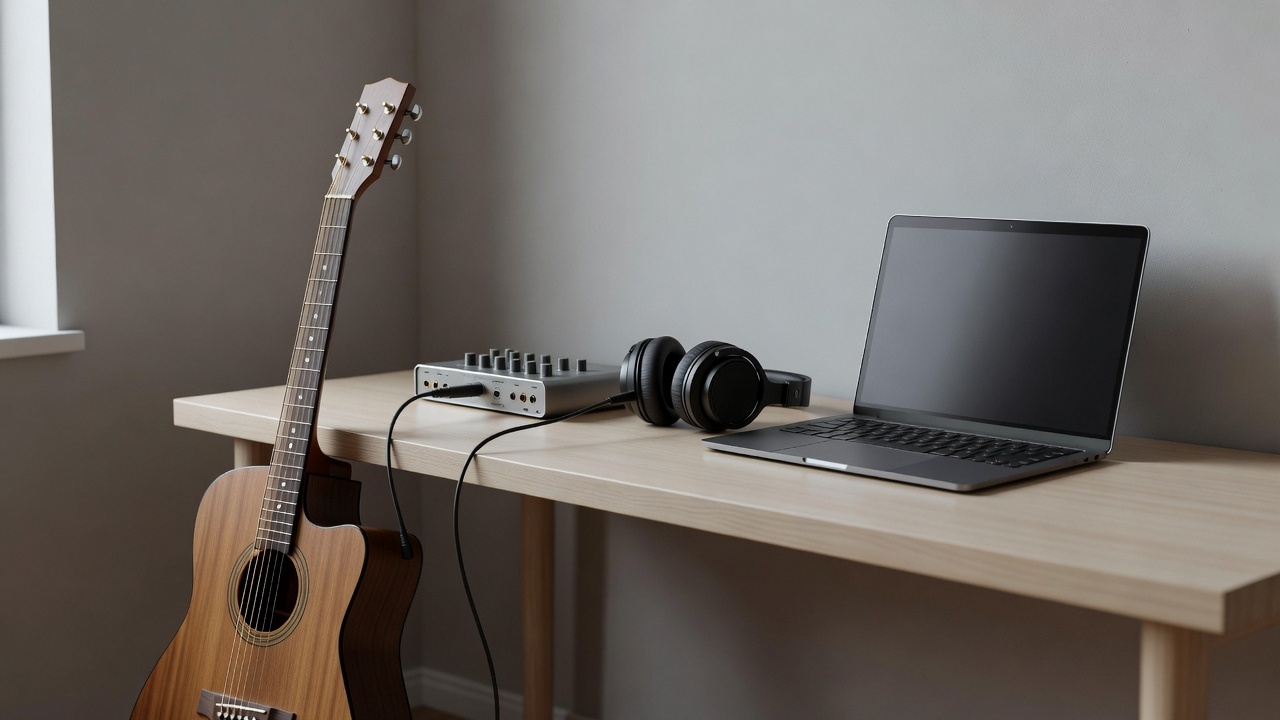 A home studio desk with an audio interface, headphones and an acoustic guitar connected by a cable