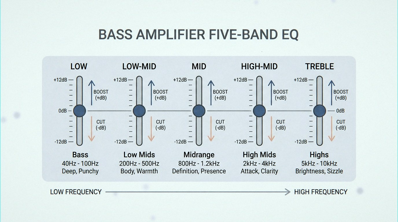 Labeled frequency diagram showing bass, low mid, high mid and treble ranges with mix guidance