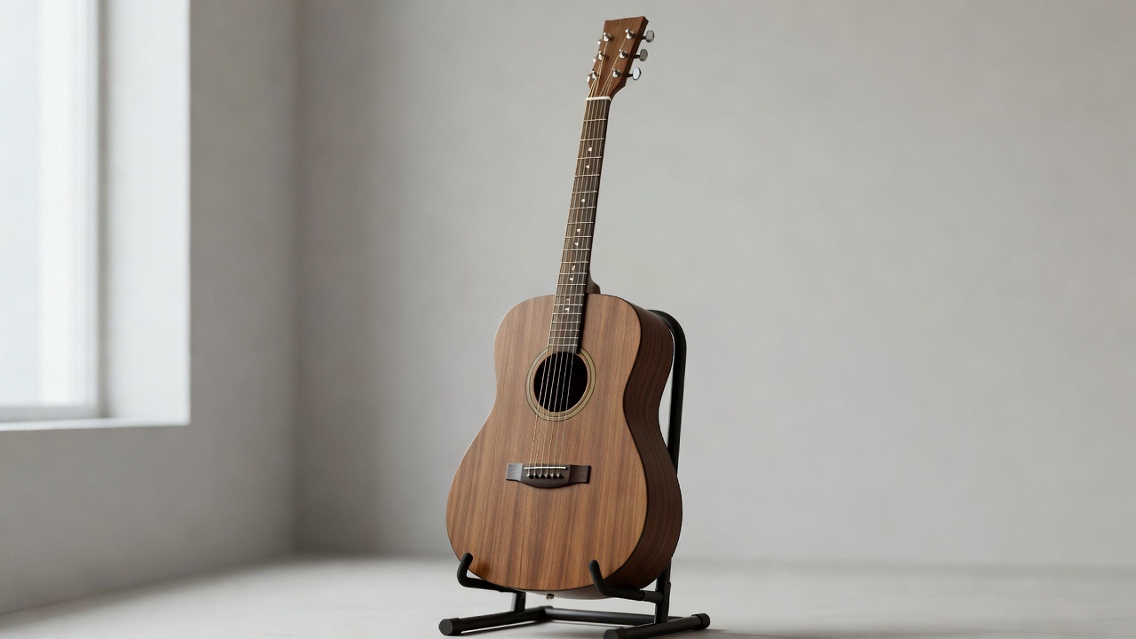 Steel string acoustic guitar resting on a stand in a studio