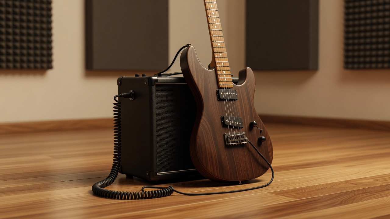 Electric guitar and small practice amplifier set up in a home studio