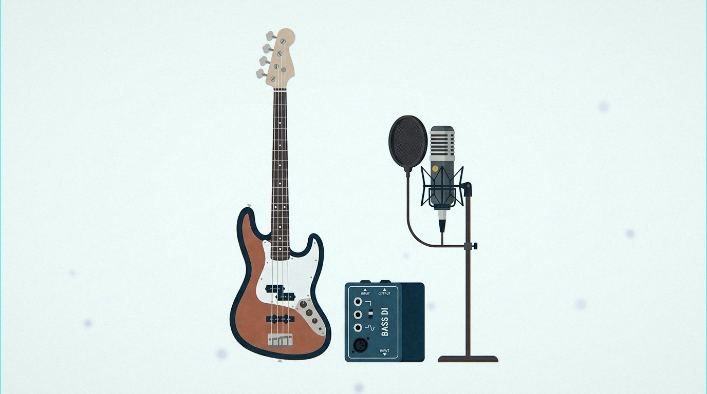 Bass guitar plugged into a DI box feeding an audio interface