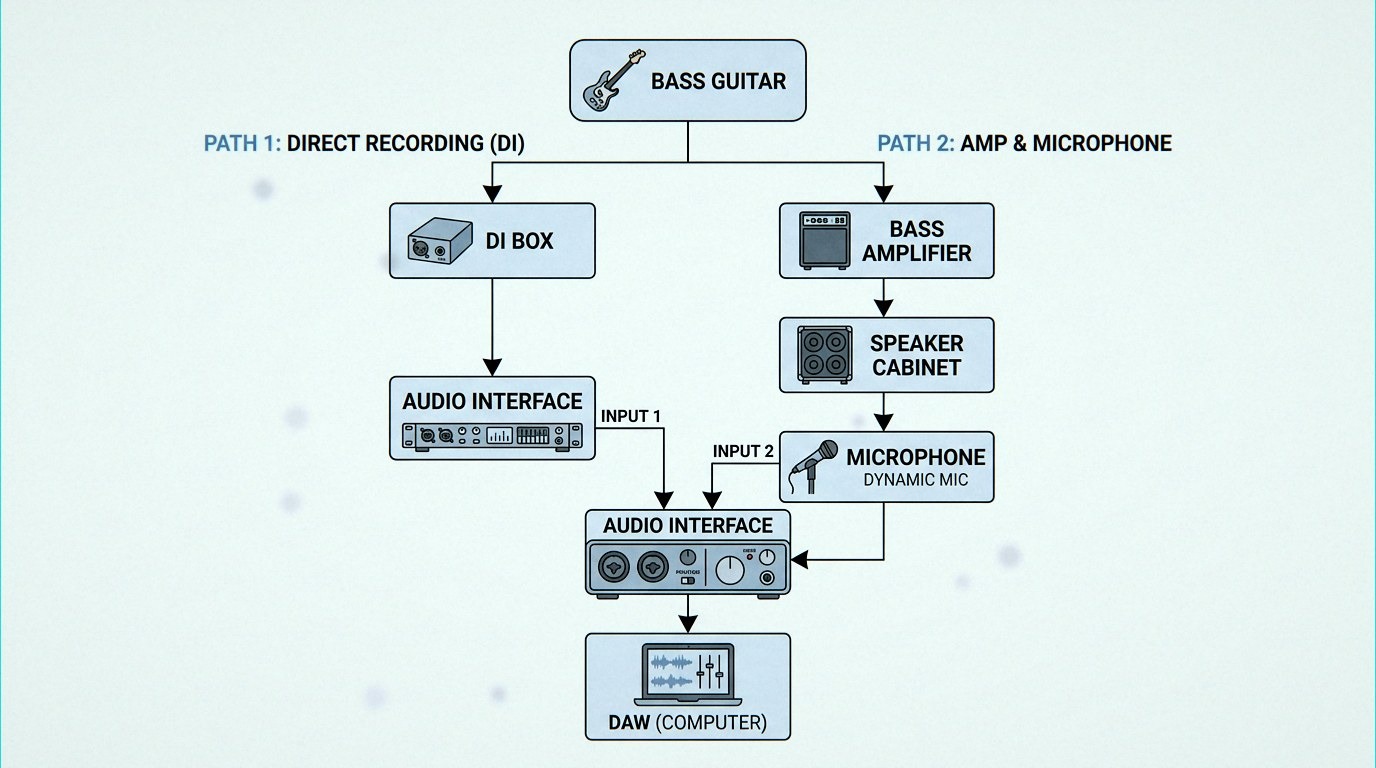 Labeled diagram of microphone positions on a bass cabinet