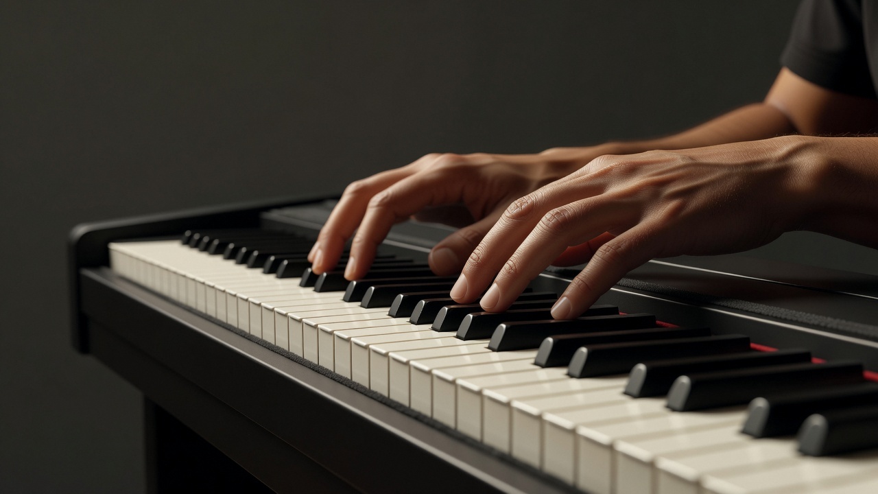 Close up of hands playing weighted hammer action keys on a digital piano