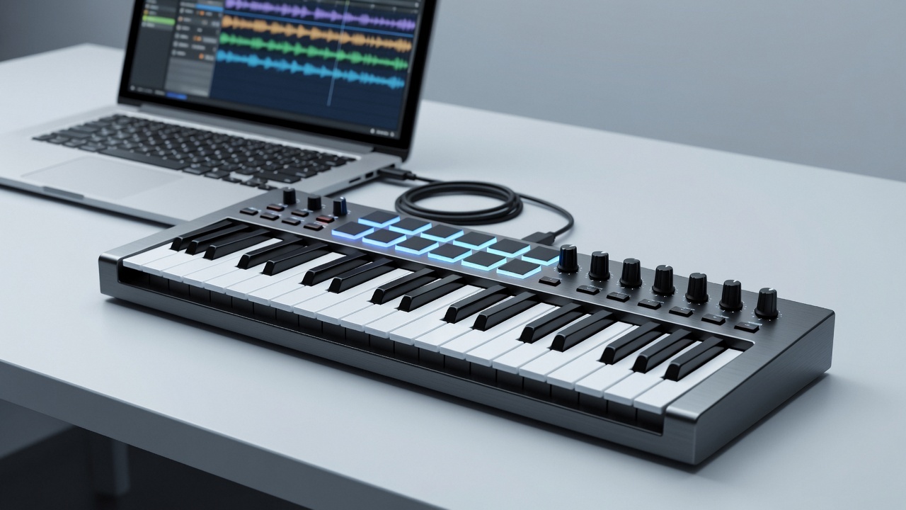 Slim MIDI controller with knobs and pads connected to a laptop running music software