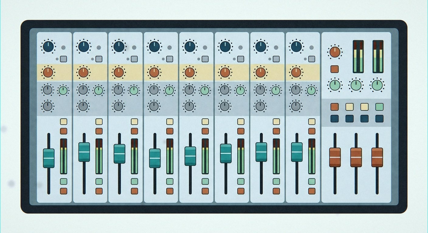 Clean flat vector illustration of mixer faders set below zero with a headroom zone above