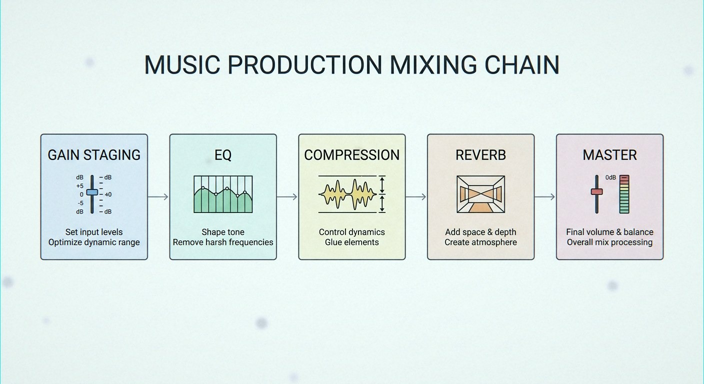 Labeled diagram of a mixing chain with arrows running EQ to compressor to saturation to reverb send