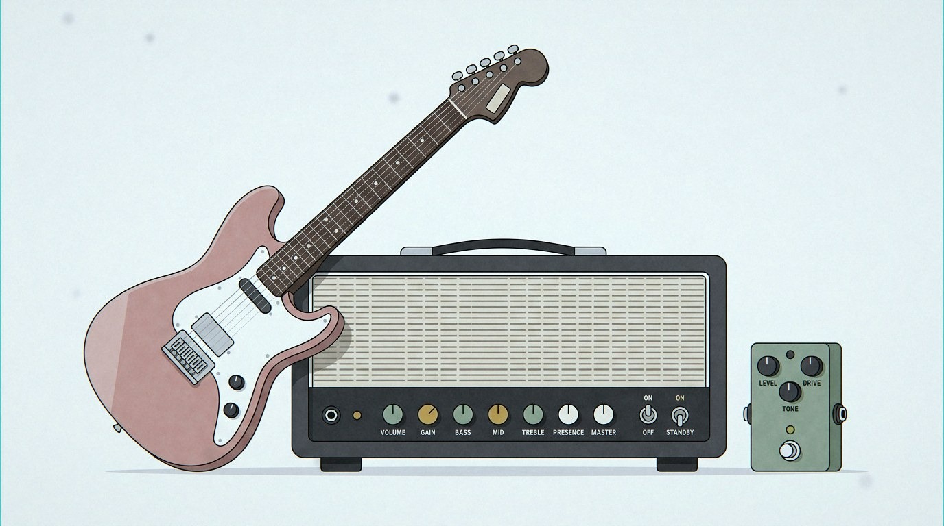clean vector illustration of a guitar amp back panel with send and return jacks and a pedalboard connected
