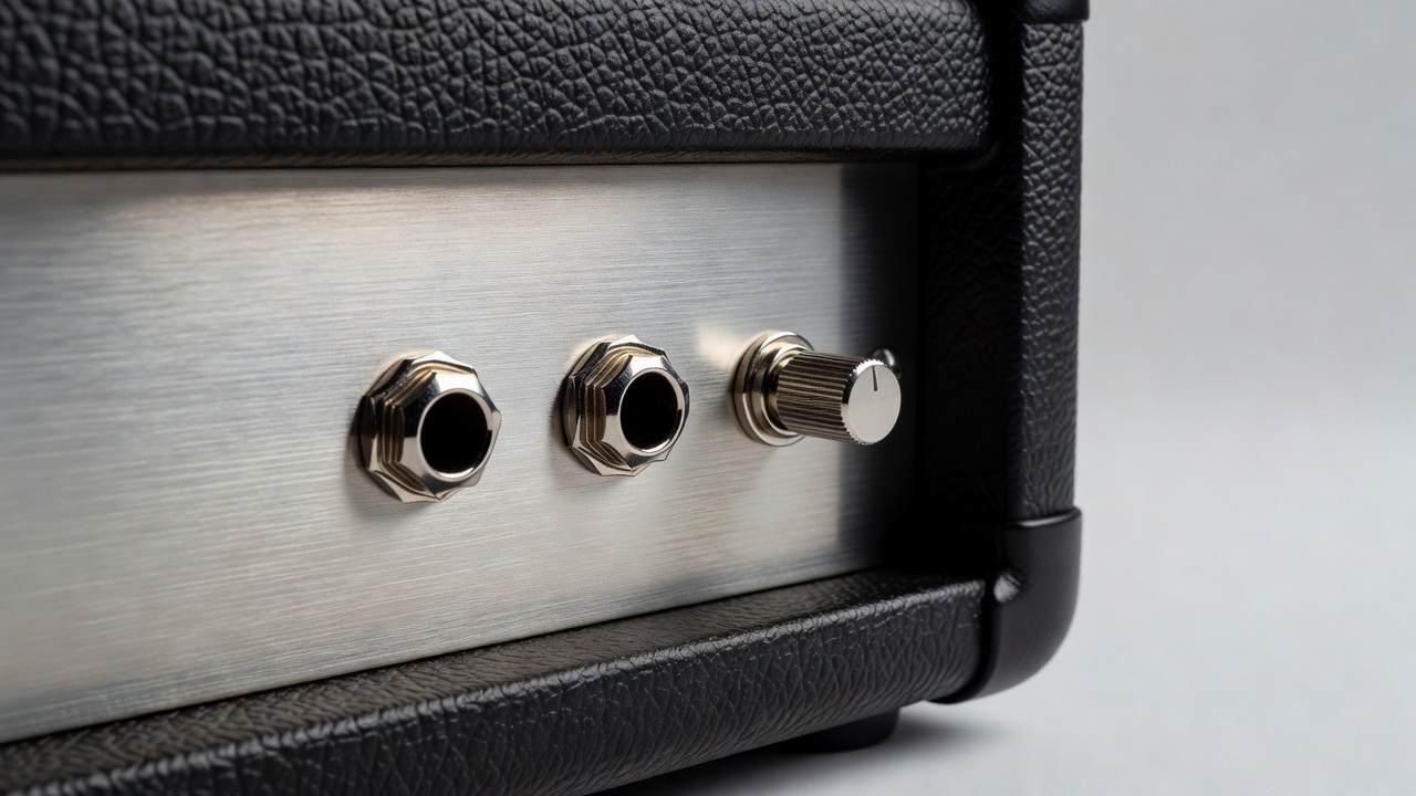 Back panel of a guitar amp head showing speaker output jacks and impedance labels
