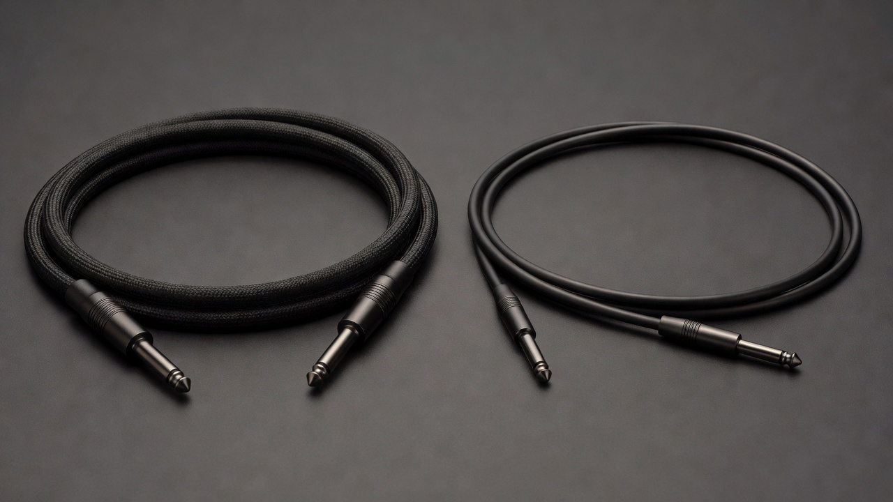 A speaker cable and a shielded instrument cable side by side showing thickness difference