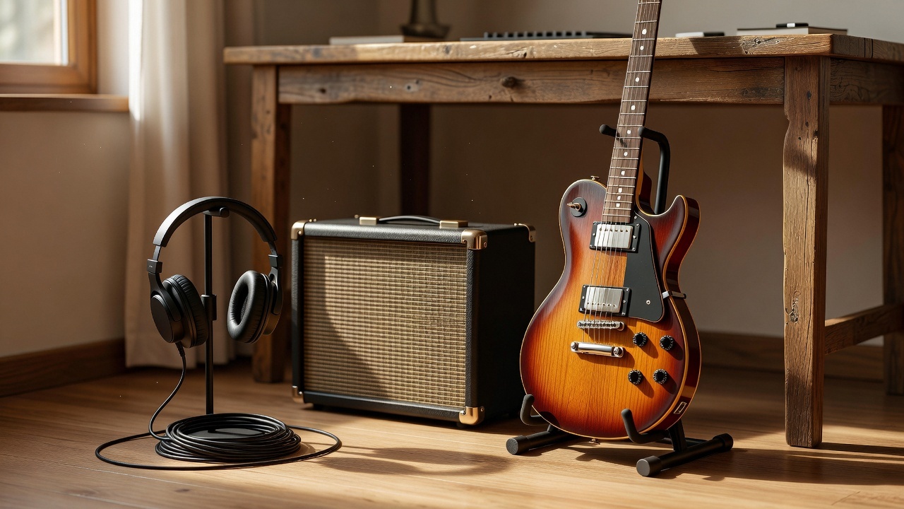 Small combo amp in a bedroom practice corner with headphones and an electric guitar
