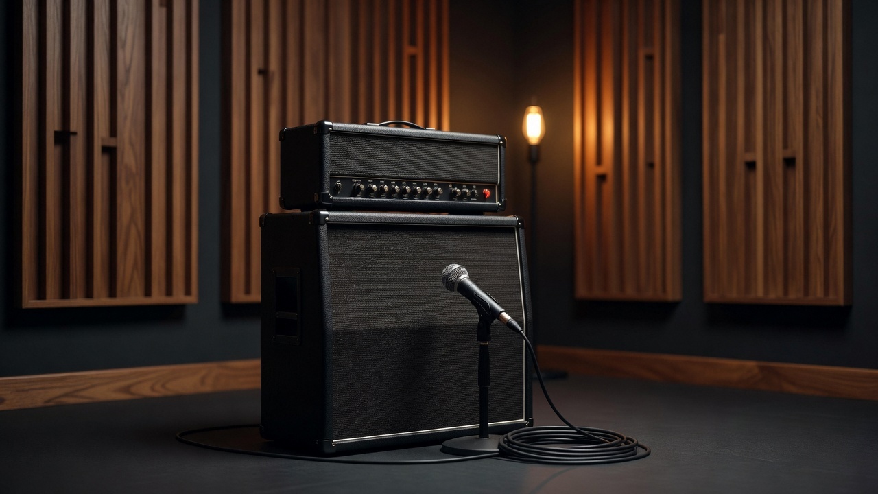Guitar amp head on a 2x12 cabinet in a studio live room with a microphone in front