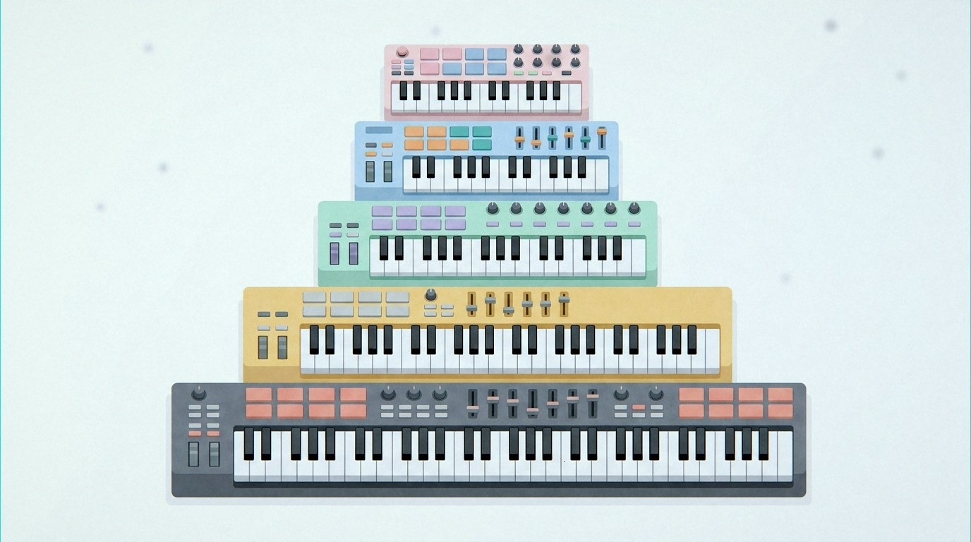 Illustration comparing 25, 49 and 61 key MIDI keyboards side by side