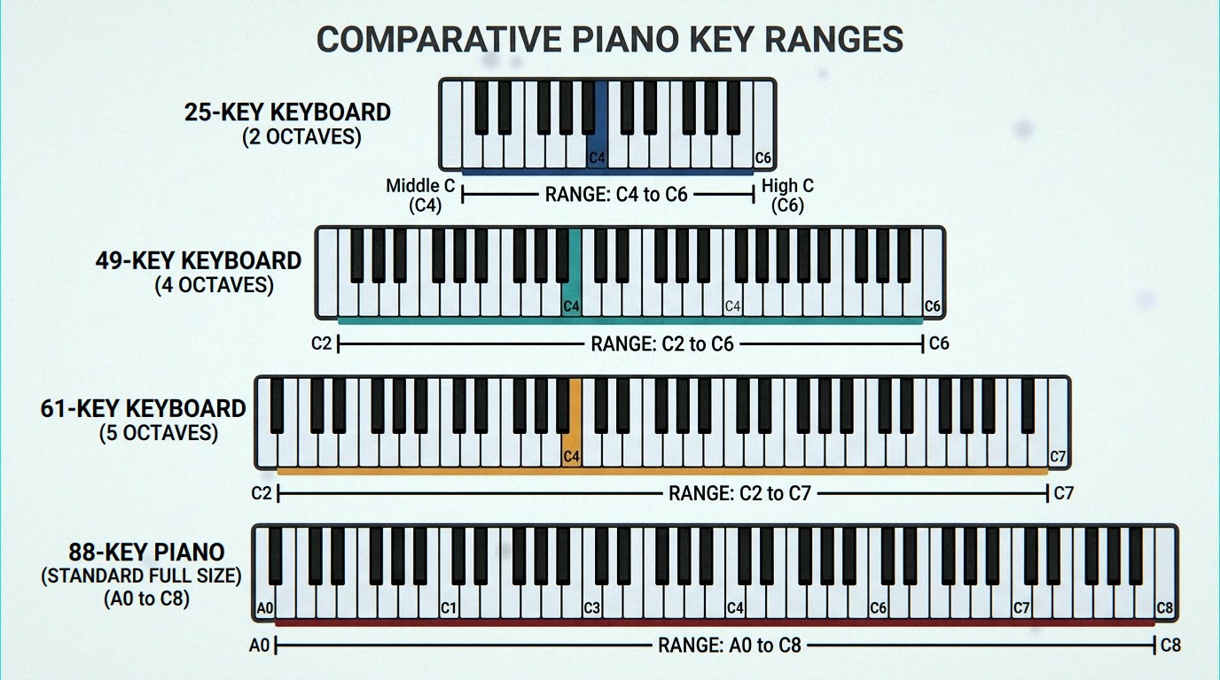 Diagram showing the note range of 25, 49 and 61 key MIDI keyboards across a piano keyboard