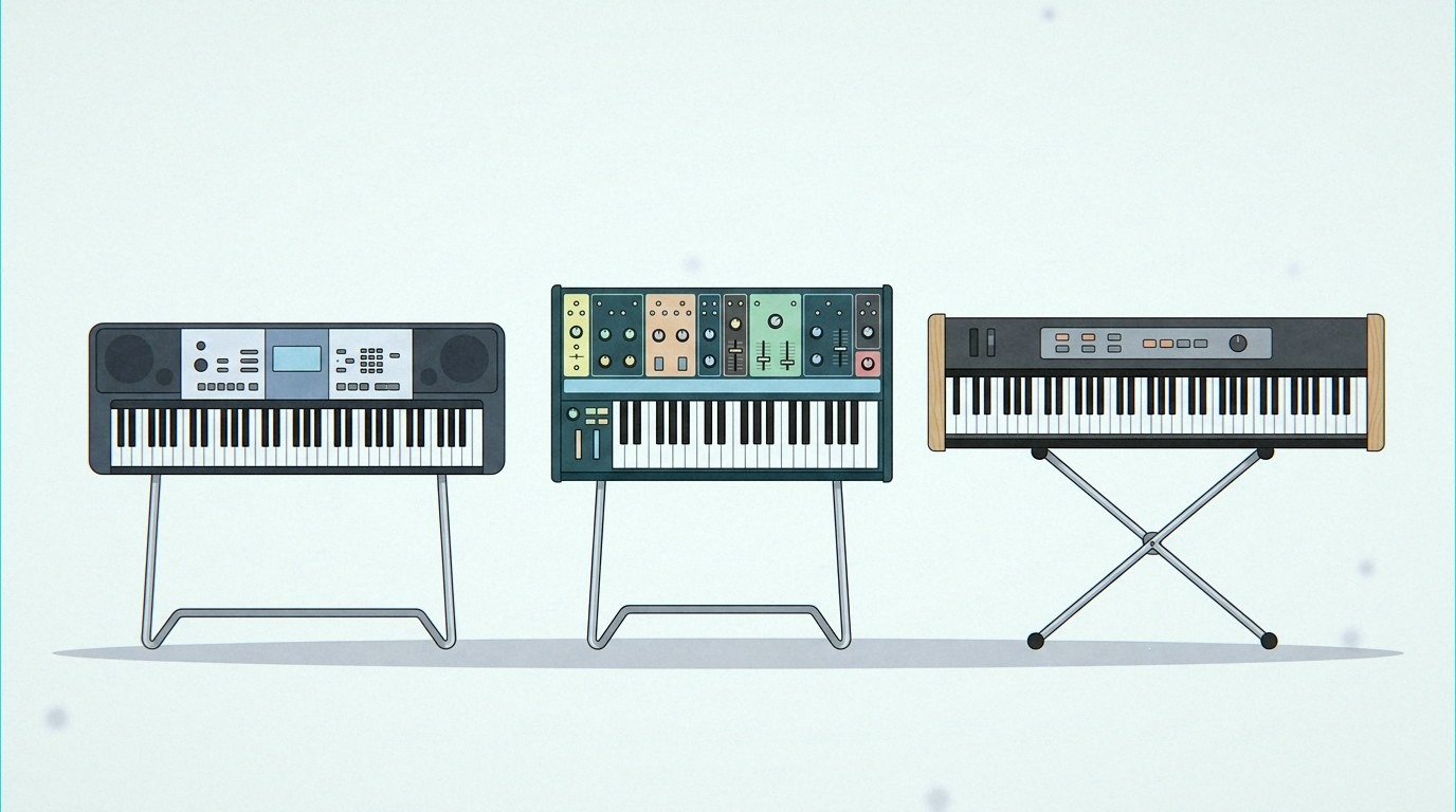 Three keyboards side by side, a stage piano, a synthesizer and an arranger keyboard