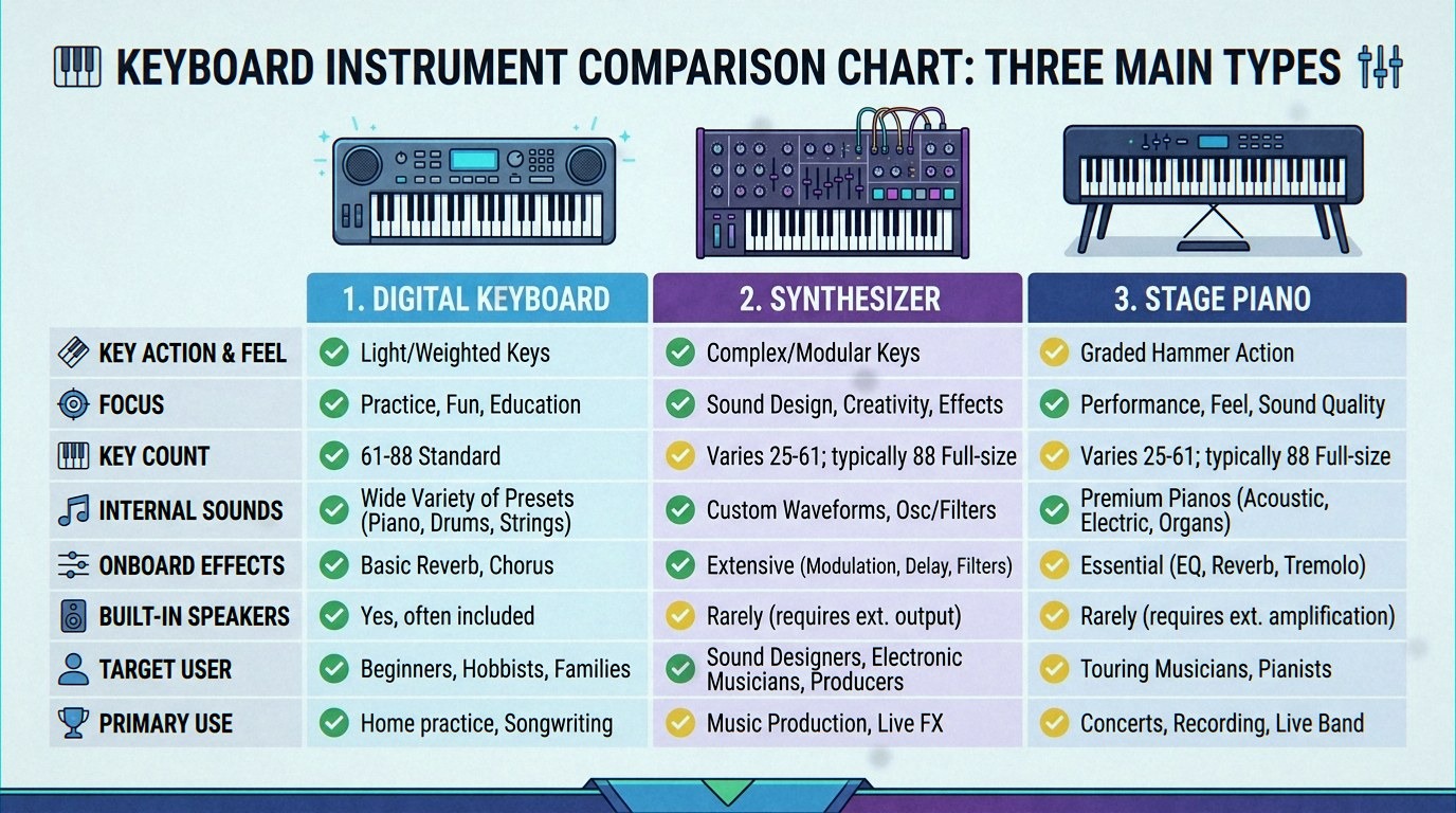 Labeled chart comparing digital keyboard, synthesizer and stage piano features