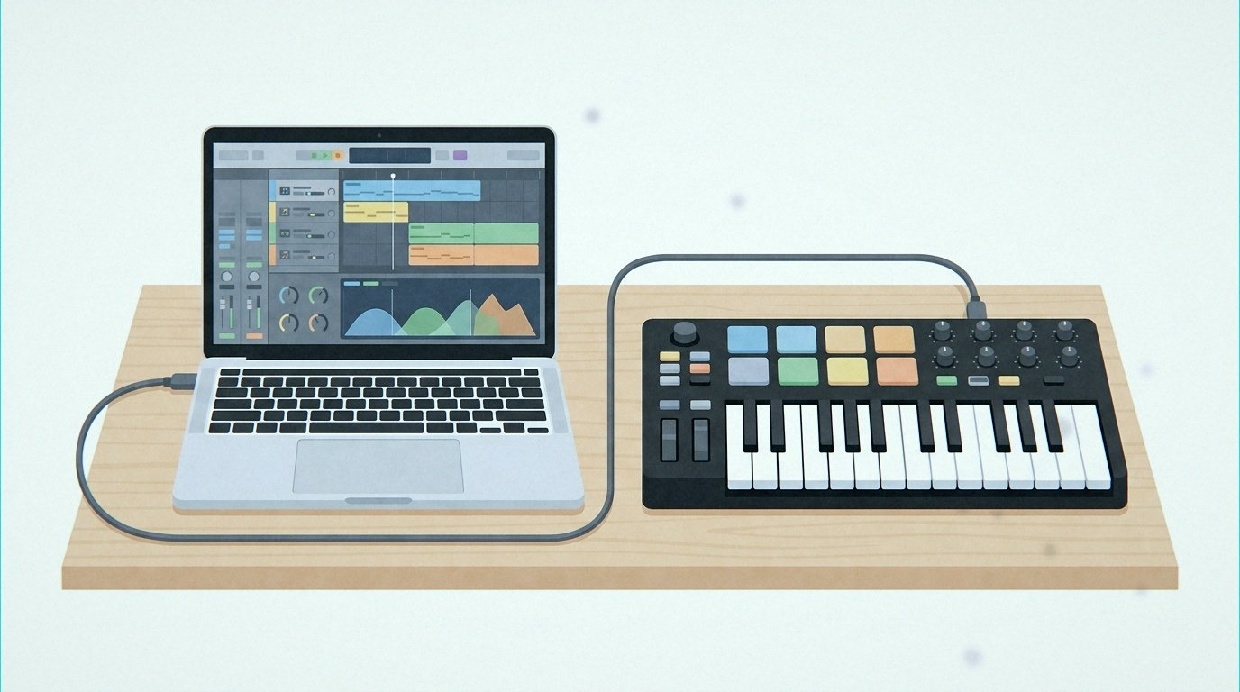 vector illustration of a MIDI keyboard connected by USB to a laptop running a DAW