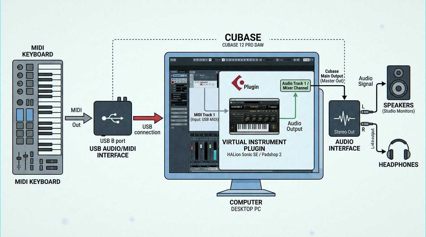 labeled diagram of Cubase signal flow from MIDI keyboard through MIDI port and instrument track to VST instrument and audio output