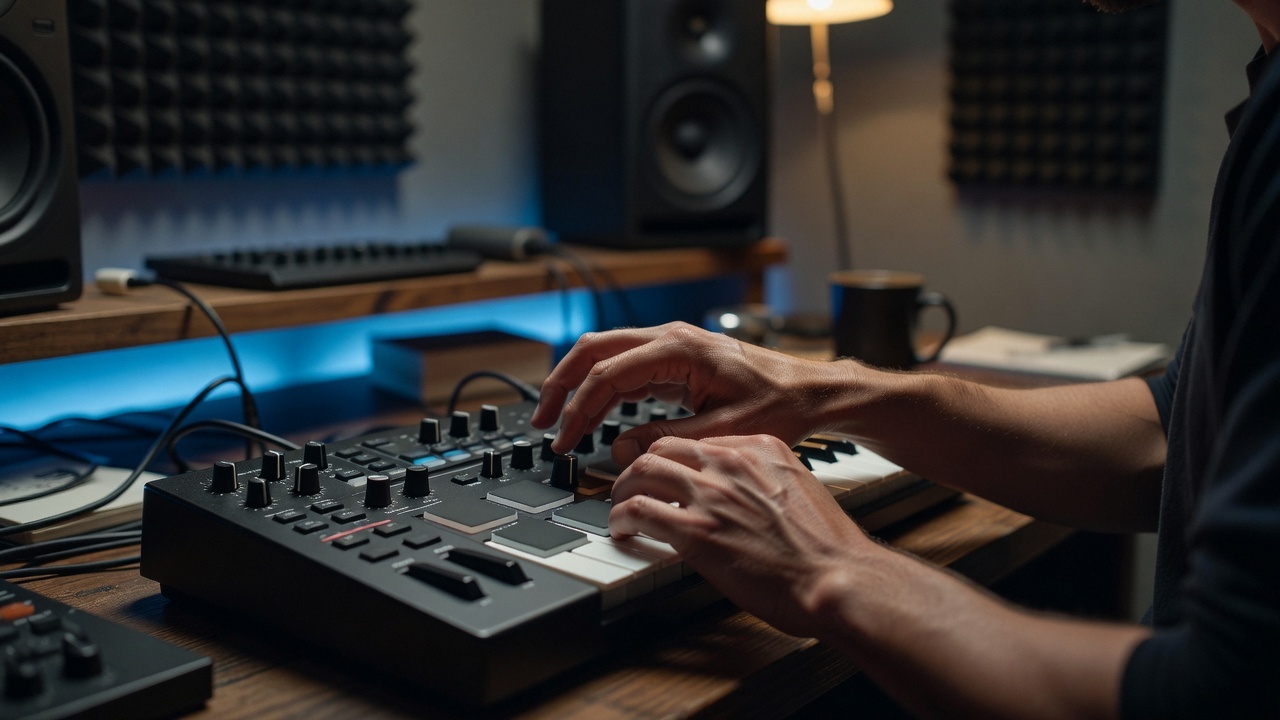 Producer mapping knobs and pads on a MIDI keyboard in a home studio