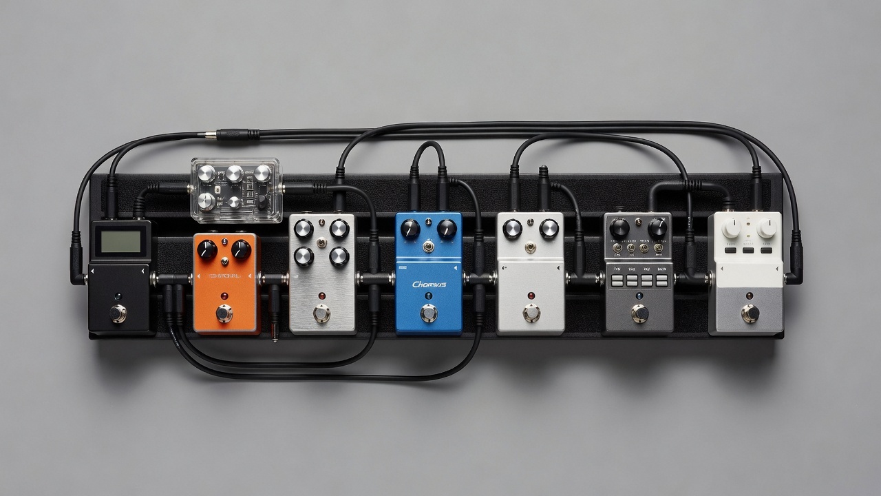 Overhead view of a pedalboard wired from tuner through drive modulation and time effects