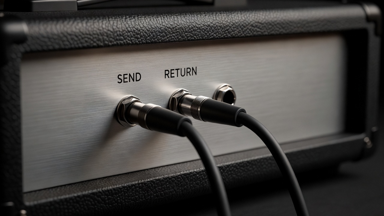 Rear panel of a guitar amplifier showing effects loop send and return jacks