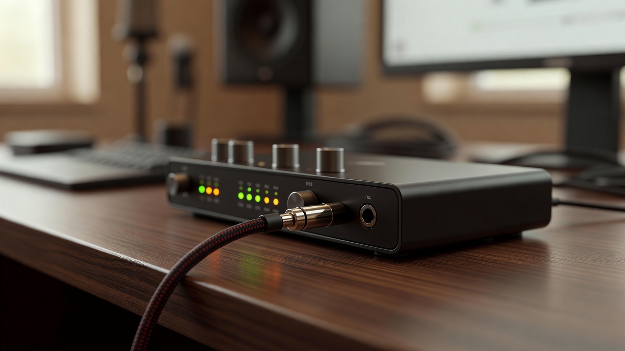 Close up of an audio interface with a guitar cable plugged into the instrument input
