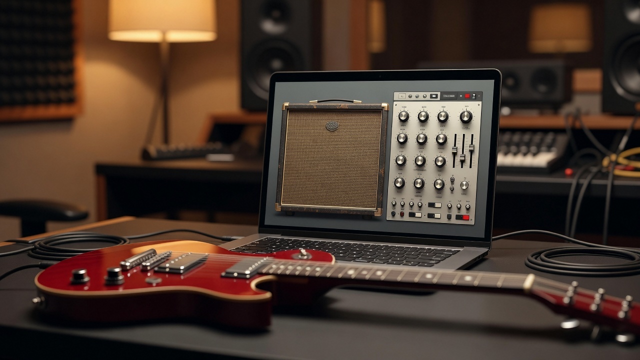 Guitar amp sim plugin open on a computer screen with a guitar in the foreground